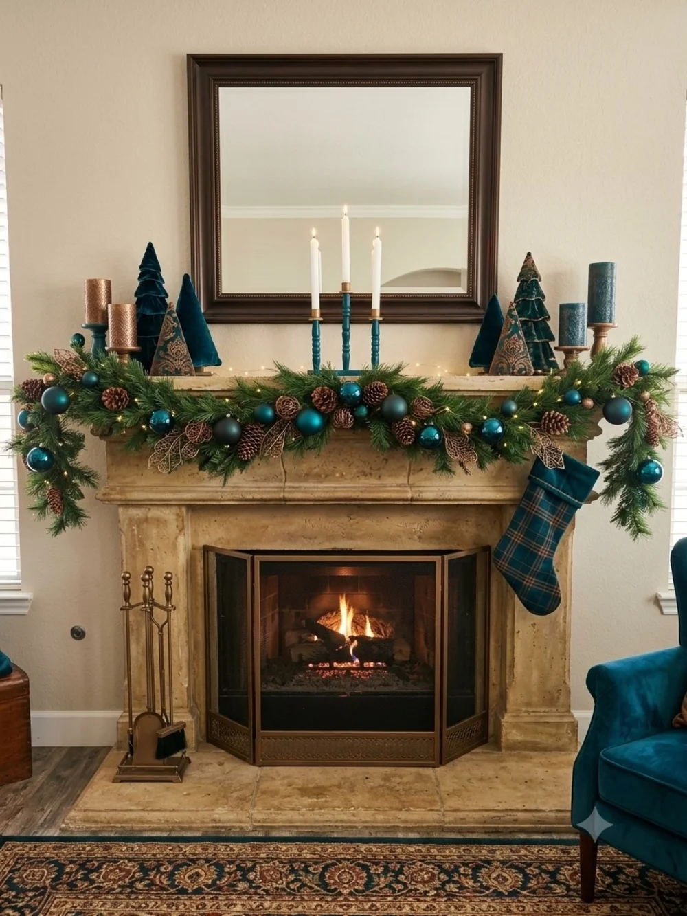 Deep Teal Blue Wood 3-Arm Taper Candle Candelabra Centerpiece Gold Metal Cups